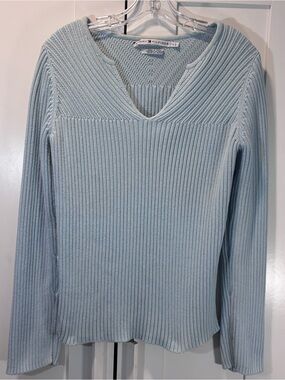 Vintage Tommy Hilfiger 100% Cotton Women L Blue Ribbed V Neck Sweater Y2K 2000s